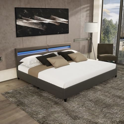 Home Deluxe - LED Bett NUBE - Dunkelgrau, 200 x 200 cm - inkl. Lattenrost und Schubladen I Polsterbett Design Bett inkl. Beleuchtung