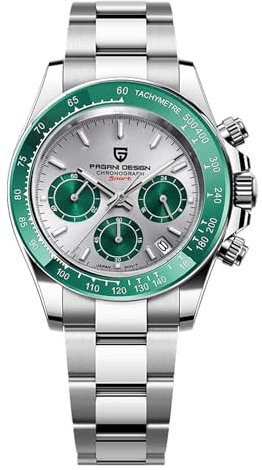Pagani Design Herrenuhr Saphirglas Chronograph Edelstahl Wasserdicht Leuchtende Uhr Japanisches Uhrwerk Herren Quarzuhr Uhr für Männer(Stahlgürtel Silber Grün)