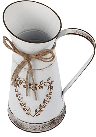 Amosfun White Metal Jug Vase Handle Heart-Shaped Iron Flower Pot Rustic Flower Arrangement Bucket for Artificial Plants Home Office Table Centerpiece 23.5X15.5cm