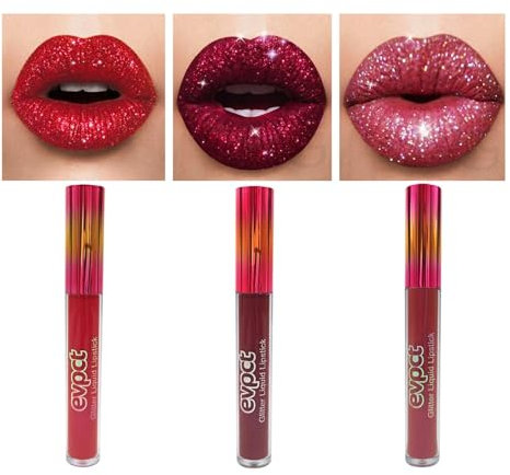 3-teiliges Set mit flüssigem Lippenstift von matt bis glitzernd, lang anhaltendes Lippenset für Frauen, wasserfester Lippenstift mit glänzenden Diamanten und Glitzer-Lipgloss (3,4,6)