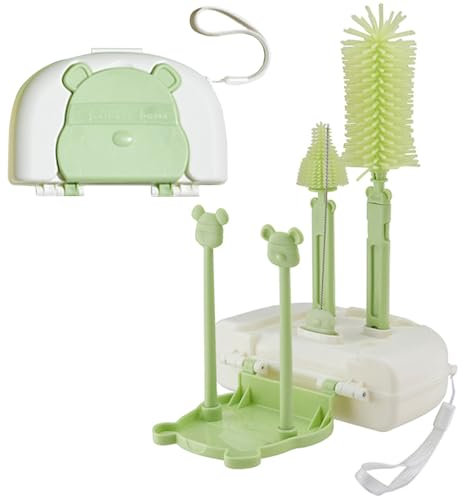 EMTSEB 7 in 1 Baby Bottle Brush Set, Travel Portable Bottle Cleaning Kit with Bottle Nipple Brush, Straw Cleaner, Soap Dispenser, Storage Box, Drying Rack (Green)
