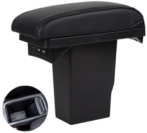 Car Armrest Box Compatible with Peugeot 2008 2013-2019, Dual Layer Armrest with 3 USB Charging Ports Black PU Leather Central Console Storage Box Automobile Arm Rest (3 USB)
