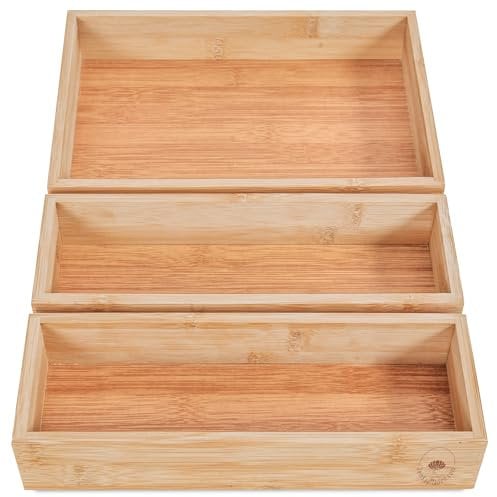 DeinKaufladen.com 3er Set Aufbewahrungsbox Holz Organizer – praktische und flexible Bambus Box - Schubladen Box Sortierbox Sortierkasten Kosmetik Aufbewahrung Ordnungsbox Holzboxen Holzkasten