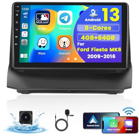 4+64G 8Núcleos Radio Coche para Ford Fiesta MK6 2009-2016 Android 15 Carplay Inalámbrico Android Auto Pantalla Radio de 9'' con GPS Navegacion Bluetooth WIFI RDS DSP 3 Pantalla Dividida Cámara Trasera