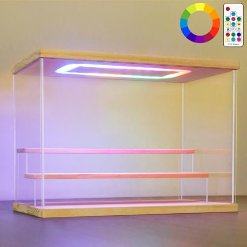 Nonemey Acryl Vitrine Ständer mit Bunten Led Licht,3/4/5/6 Schichten Schaukasten Vitrine Staubdichte Organizer Acrylbox für Sammlerstücke Figuren (Holz, 3Stufen-31.5x18x23 cm)