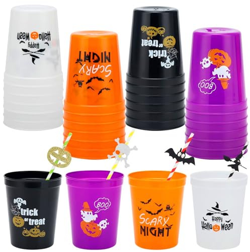 Ainibar 24 Pcs 16oz Halloween Plastic Party Cups and 24 Pcs Party Disposable Drinking Paper Straws,Perfect for Halloween Party Favors, Trick or Treat Decorations Supplies