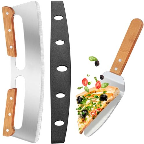 Corta Pizza, Cortador Pizza Grande Acero Inoxidable & Pala Pizza, Cortapizzas XXL con Asas de Madera y Cubierta Protectora, Cortador de Pizza con Cuchilla Súper Afilada, para Lavavajillas (35cm*11cm)