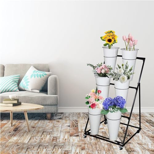KEPMOGOH Blumenständer Mit Eimern, Blumenregal Mit Rädern, Bewegliches Blumenverkaufsständer Für Blumenläden, Terrassen, Gärten, Pop-up-Blumenveranstaltungen Draußen (3 Tier 6 White B