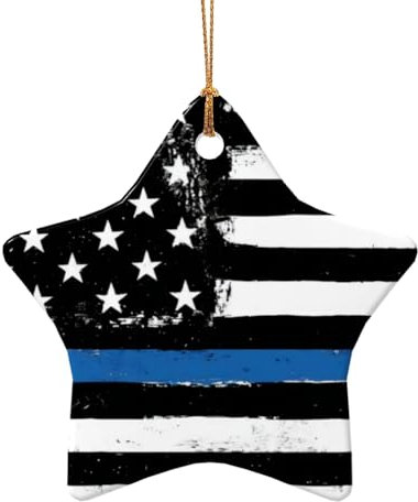 QGWDYYJQ Weihnachtsbaumschmuck, Motiv: USA-Flagge, bedruckt, Keramik, Blau