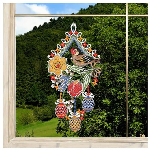 DSD Design-Studio Drechsler Fensterbild Stieglitz mit Frühlingsblüten blau Plauener Spitze Oster-Spitzenbild mit Vogel-Motiv 34 x 19 cm