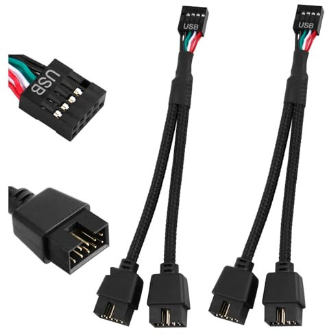 2pcs USB Header Splitter USB 2.0 9Pin Female to Dual 9-Pin Male Extension Cable Motherboard 9PIN Y Splitter Audio HD Nylon Braided Cable for Computer Internal Motherboard 15cm(Black)