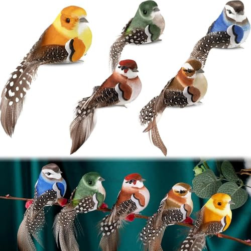 Fokroin 5 Stück Vogel Deko, Vögel Deko mit Clip, Bunt Vogelfigur mit Halterungsklammer, Künstliche Federvögel, Deko Vogel Bunt, Vogel Dekofigur für Garten Frühling Deko Party Dekoration