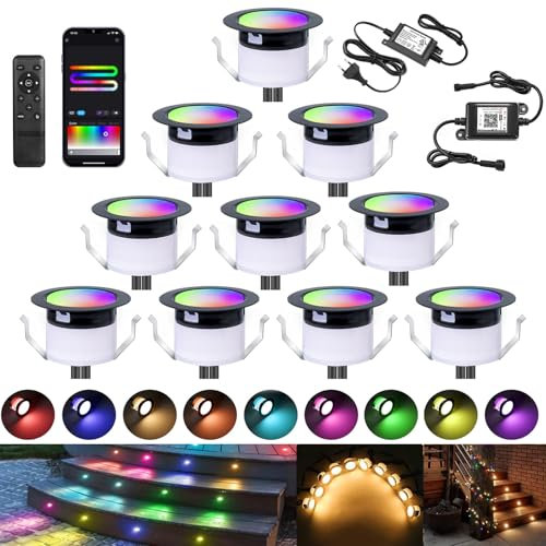 10er WiFi Led Bodeneinbaustrahler RGBIC+Wärmeweiß LED Bodenleuchten Bodenstrahler DC12V Ø31mm Spots Multicolor Chasing Effekt Terrassenbeleuchtung Arbeitet mit Alexa, Google Home,IP67 Wasserdicht