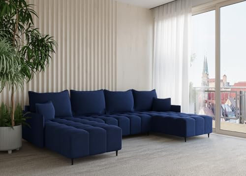 ChillMe Navy U Shape Sofa Bed Velvet Fabric, Corner Sofa Bed for Living Room with Storage, Large Sleeping Area - CORON