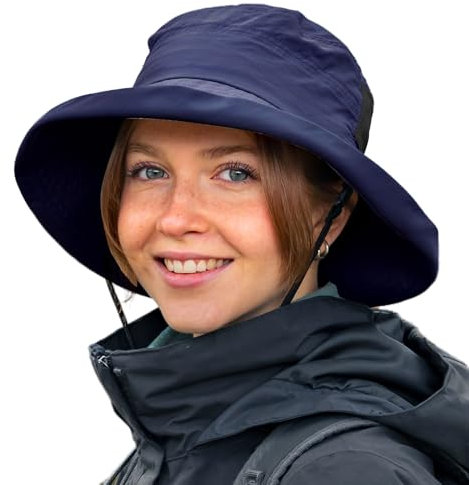 TOP-EX UPF 50 Sonnenhüte Damen mit Pferdeschwanz, Breiter Krempe Fischerhut für UV-Schutz, Wasserdicht regenhut, Kinnriemen, Atmungsaktiv Sommer-Mesh, Faltbar, Safari, Strand, Gärtner, Marineblau S