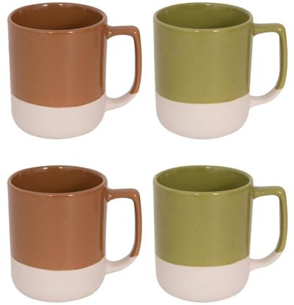 Set of 4 Green & Brown Dipped Glaze Mugs - 11 Ounce 325ml Modern Contemporary - Tea Coffee Cups Latte Cappuccino Hot Chocolate Drinks - Home Kitchen Work Office Mug Set