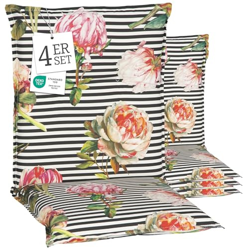 Beo® Turin Niedriglehner Gartenstuhlauflagen 4er Set | Waschbar bei 30° | Atmungsaktive Sitzkissen Outdoor | Made in EU | Öko-Tex Standard | UV-beständig | extra Dicke Polster