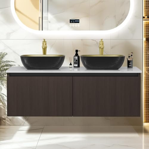 LUVODI Armario de Baño Suspendido con 2 lavabos de cerámica, Mueble de baño con Grifo de Bronce, Tapa de PVC y Cuerpo de Armario Color Nogal, Juego de Muebles para baño, 120x50cm
