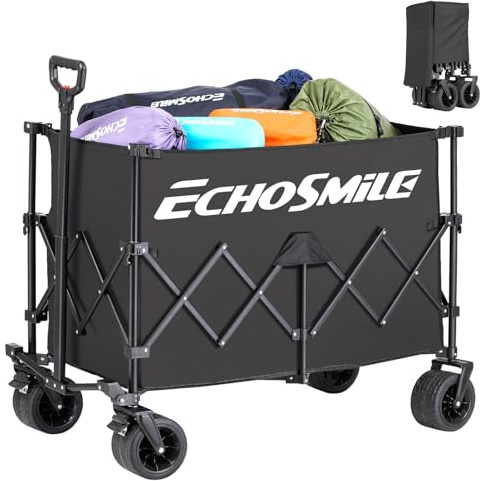 EchoSmile XXXXL Bollerwagen Faltbarer mit 300L 227 KG Belastbar - Strandwagen mit Großen All-Terrain Rädern Tragbarer Einkaufswagen Transportwagen mit Bremsen - Campingwagen für Außenbereich, Schwarz