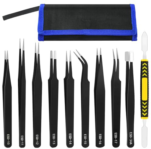 Lunhoo Lot de 9 pinces de précision ESD antistatiques en acier inoxydable avec une spatule pour travaux manuels, électronique, fabrication de bijoux, outils de modélisation (10 pièces)