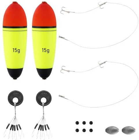 Alwonder Hecht Posen Set erhältlich in 15/20/30g Köderfischmontage bereit für den Gebrauch Einschließlich Stahlvorfach mit 2 Drillingen, Hecht Pose, Blei,Wirbel, Gummistopper, Gummiperlen