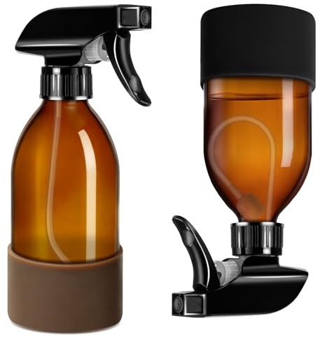 Tecohouse 360° 8 oz Amber Glass Spray Bottles with Silicone Sleeve 2 Pack | 360° All-Angle Spray, Non‑slip Silicone Protective Covers, for Cleaning Solutions, Plants, Hair Care (Black & Brown)