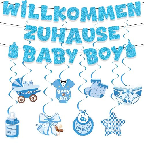 Willkommen Zuhause Baby Deko Junge - 11 Stück Deko für Jungen | Blau Glitzer Deko mit Banner Girlande für Junge Geburtstag Einweihung