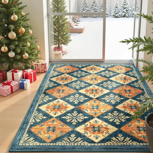 Pmnadfdag Teppich Wohnzimmer 120 x 180 cm Teppich Waschbarer Kurzflor rutschfest Weich für Schlafzimmer Küche Esszimmer Weihnachtliches geometrisches Muster in Blau und Orange