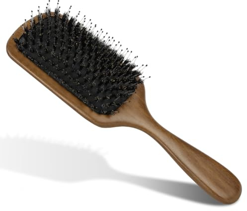 ALIIP Haarbürste Holz, Wildschweinborsten Bürste für Frauen Männer, Boar Bristle Brush Entwirrbürste für Massage Kopfhaut, Antistatische Paddelbürste 1Pcs