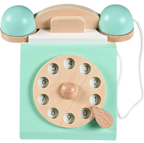 Bemonew Blaues Retro-Spielzeugtelefon aus Holz, realistisches Rollenspiel, interaktives Lerntelefon für Kinder