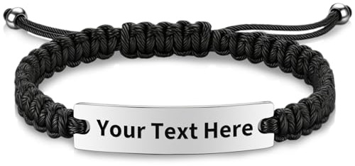 JONZIN Personalised Bracelets for Women&Men – Custom Bracelet with Adjustable Braided Rope & Stainless Steel Plate – Romantic Gift for Anniversary Valentine's Day
