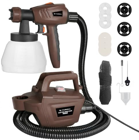 Tilswall Pistola de Pintura Eléctrica, 800W Pulverizador de Pintura, 1300 ml Recipiente Desmontable, 3 Boquillas y 3 Patrones, Fácil de Pulverizar y Limpiar para Casa, Armarios, Cercas, Techos