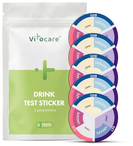KO Tropfen Test – Drink Spiking Test Sticker für unterwegs – 5 Teststreifen für KO Tropfen – schneller Nachweis möglicher Getränkemanipulation – für Bar, Club & Festival – vitocare