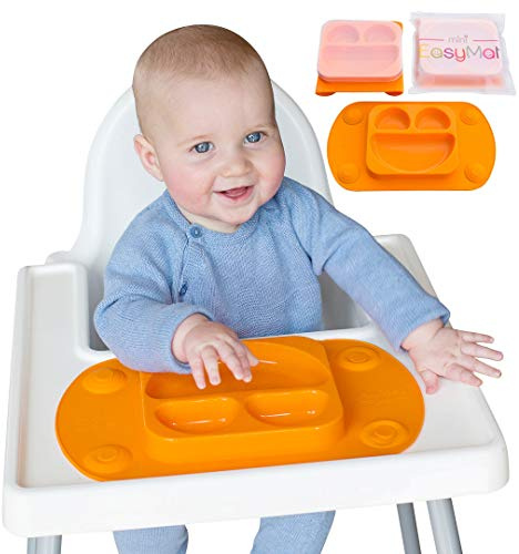 EasyMat Mini Silikon Babyteller mit Saugnapf integriert in den Teller, perfekt für Baby Led Weaning| Rutschfester Kinderteller unterteilt | Reisefreundliches Kindergeschirr mit Deckel und Tragetasche