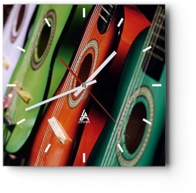 Modern Wanduhr Gitarre Musik Instrument 30x30cm Quadrat Klein Wand Uhr Glas Analog Zimmeruhren Küche Büro Wohnzimmer Glasuhr Wall Clock Dekoration Design Wanddekoration Küchenuhr C3AC30x30-2113