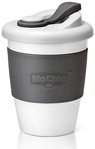 MOCHIC CUP Wiederverwendbare Kaffeetasse mit Deckel, tragbarer Reisebecher mit rutschfester Hülle, BPA-frei, spülmaschinen- und mikrowellengeeignet, Kaffeebecher (Anthrazit, 340 ml)