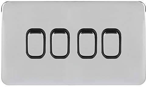 Schneider Electric Lisse Screwless Deco - 4 Gang 2 Way Light Switch, 10AX, GGBL1042BPC, Polished Chrome with Black Insert, Standard