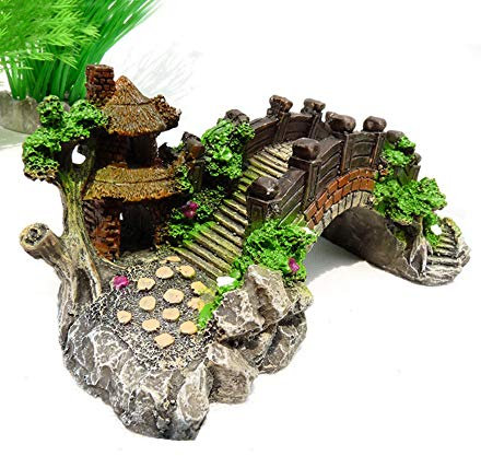 LQMILK Aquarium Deko, Aquarium Harz Brücke Brücke Landschaft Ornament Pavillon Baum Aquarium Dekor, Moos bedeckt kleine alte Steinbrücke Aquarium Ornament, Bunte Brücke Baum Steingarten