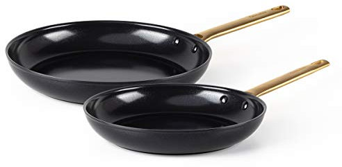 Greenpan Reserve - Juego de sartén de cerámica anodizada y saludable, antiadherente, de 10 y 12 pulgadas, mango dorado, sin PFAS, apto para lavavajillas, apto para horno, color negro