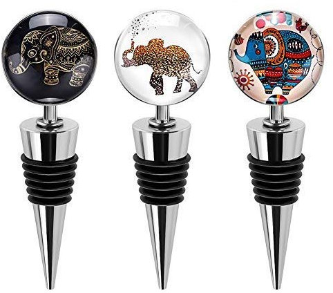 Ohok Bottle Stopper Wine Stopper with Glass, Pack of 3 Wine Bottle Stopper Reusable Stainless Steel Wine Stopper for Gifts, Bar, Holiday Party, Wedding (Elephant)