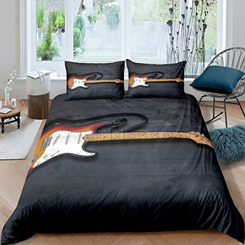 Loussiesd Gitarre Bettwäsche Set 135x200cm Rockmusik unter dem Motto Bettbezug Set Musikalisches Muster Betten Set für Jungen Mädchen Schwarz Wood Grain Drucken mit 1 Kissenbezug