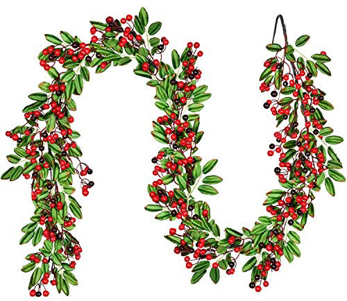 Artiflr 6 FT Red Berry Christmas Garland with Green Leaves Garland Artificail Berry Garland Indoor Outdoor Garden Gate Hone Decoration for Winter Holiday New Year Decor