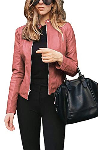 Onsoyours Giacca in Pelle Naturale Donna Giubbotto Biker Vintage Giubbino Moto Vera Pelle A Rosa L