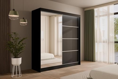 ALTDECOR Kleiderschrank mit Spiegel und Schiebetüren, kugelgelagerte Führungsschienen und Aluminium-Leisten, LED-Beleuchtung (weiß + 16 Farben) und Fernbedienung - PAOKI - 200 cm Schwarz
