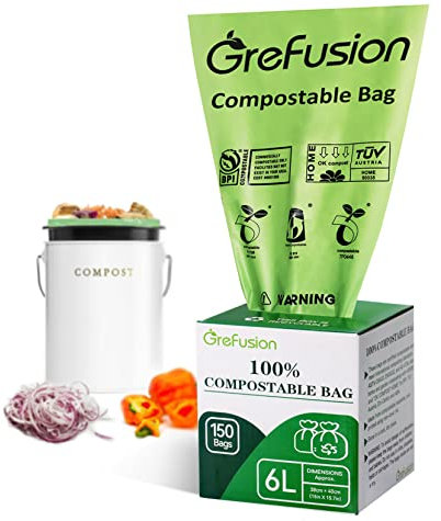 GreFusion Compostable Caddy Liners 6 Litre x 150 Bags, Compostable food waste bags 6L/10L/30L for Kitchen compost bin