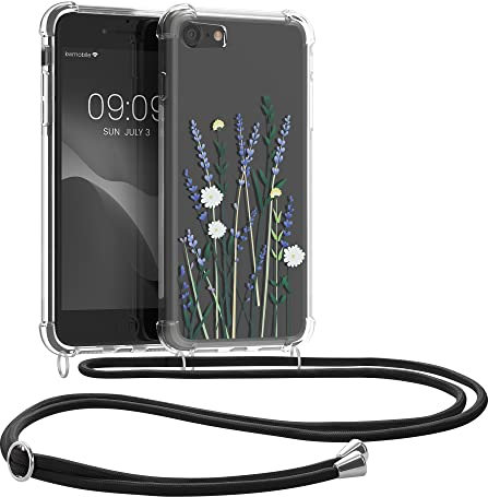 kwmobile Carcasa Compatible con Apple iPhone SE (2022/2020) / 8/7 Funda con Cuerda - Funda con Correa Colgante - Cordón Ajustable - Bordes elevados - Flores del Campo