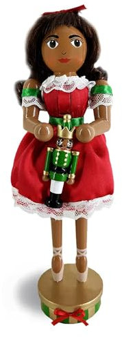 Nutcracker Ballet Gifts African American Clara Wood Nutcracker Doll Figures, Christmas Decor Holiday Home Decorations, Decorative Wooden Statue, 10-inch, Red and Green