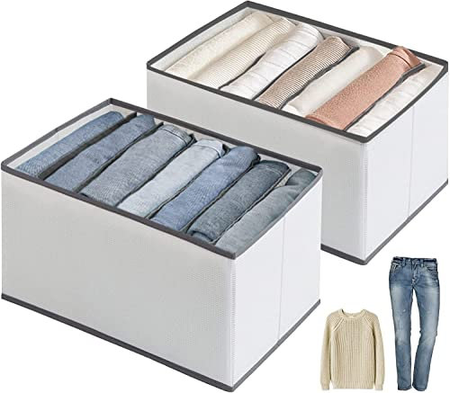 Spetime 2 Stück Schubladeneinsätze für Kleiderschränke Ordnungssystem Hosen Kleiderschrank Faltbar für Jeans Hemden Hosen, Stapelbare Organizer Kleiderschrank Boxen, 36 x 24 x 20 cm | 7 fächer | Grau