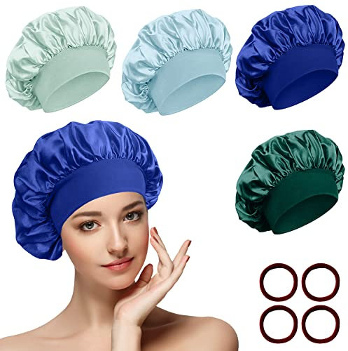 4er set Seidenhaube zum Schlafen Schlafhaube Atmungsaktive Satin Haarhaube mit Haargummis, Verstellbare Schlafhaube Seide Kopfbedeckung für Lockiges Haar, Sleep Cap Satin Bonnet für Damen