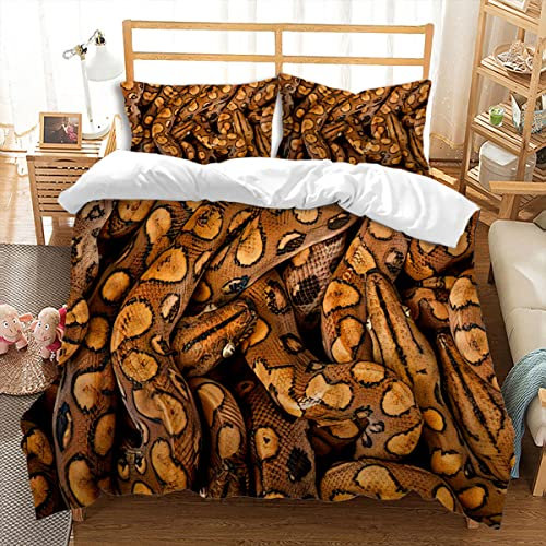 huitutu 3D-Python-Bettwäsche-Set 135x200cm Braun gefleckt 3D Python Horror Druck Mikrofaser Bettbezug Jungen Kinder Python Bettwäsche und 1 Kissenbezug 80x80cm
